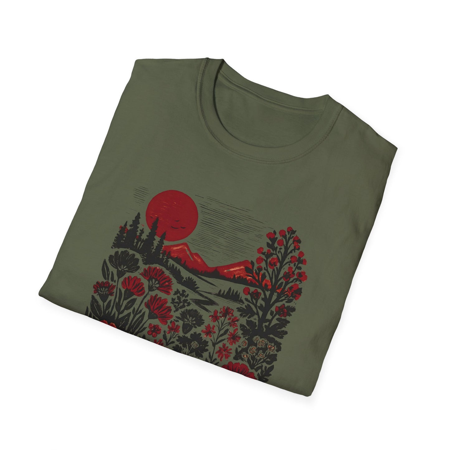 Maroon Sunset Floral Landscape T-shirt