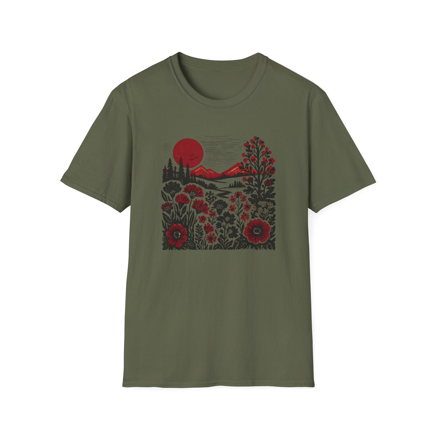 Maroon Sunset Floral Landscape T-shirt