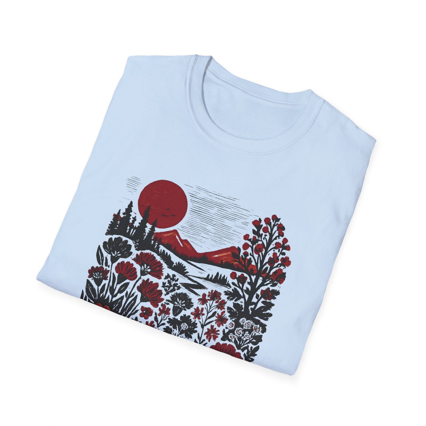 Maroon Sunset Floral Landscape T-shirt