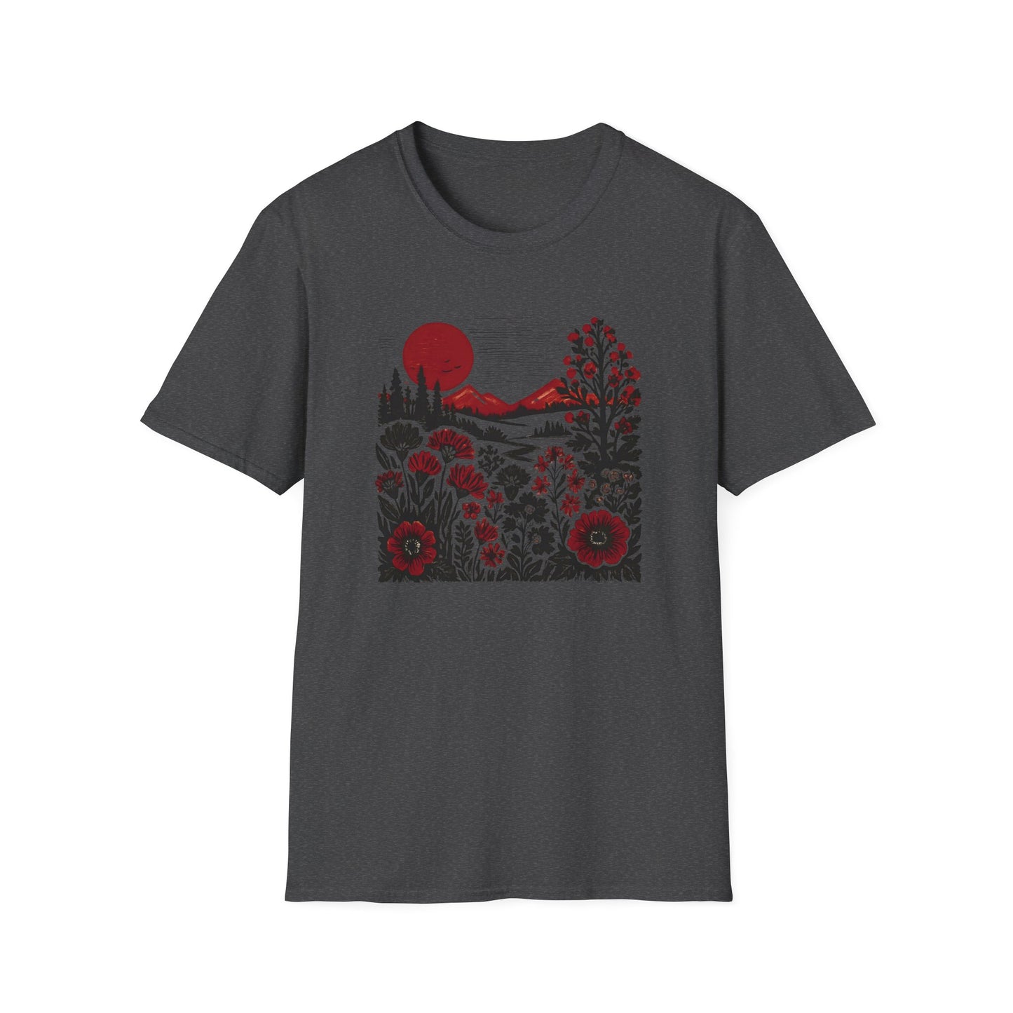 Maroon Sunset Floral Landscape T-shirt