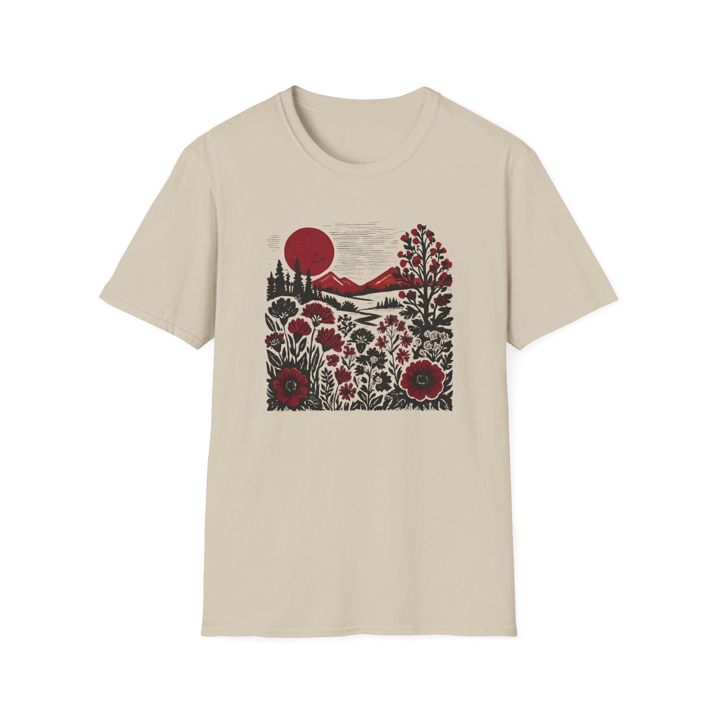 Maroon Sunset Floral Landscape T-shirt