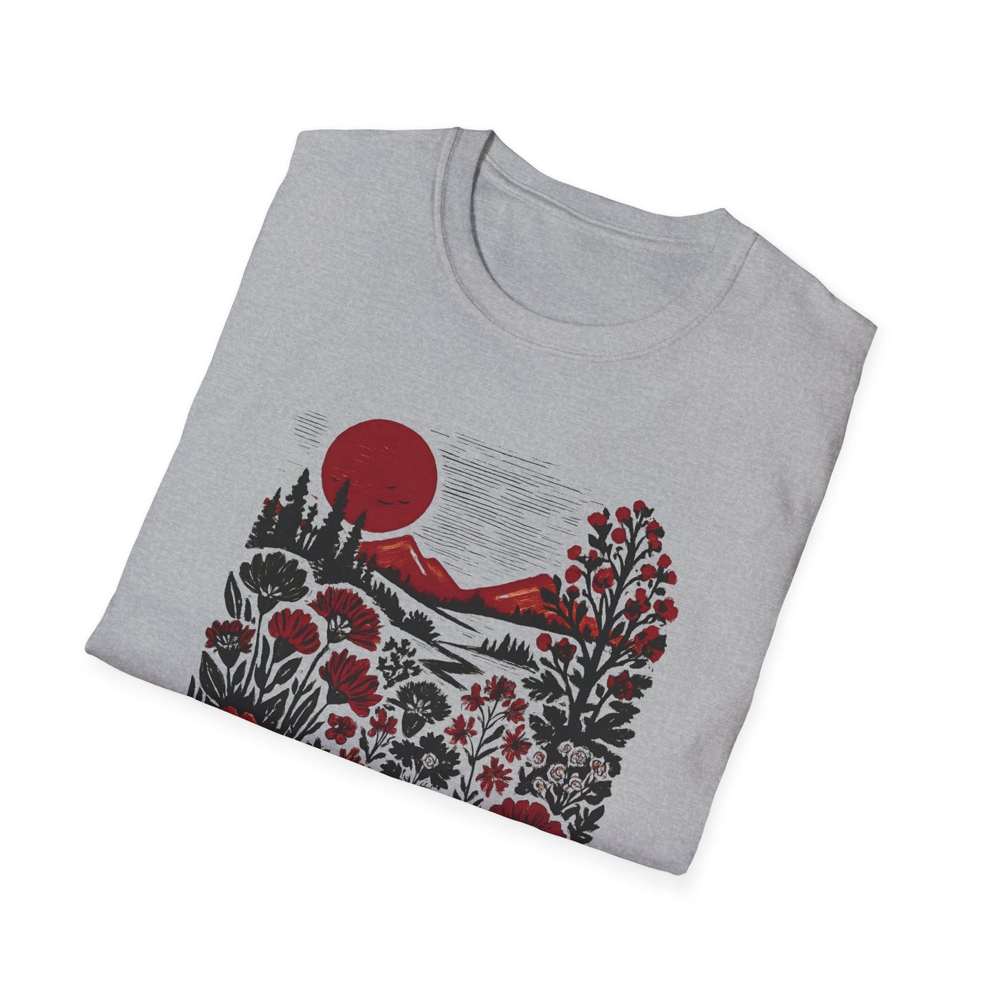 Maroon Sunset Floral Landscape T-shirt