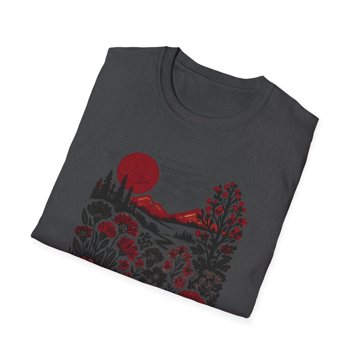 Maroon Sunset Floral Landscape T-shirt