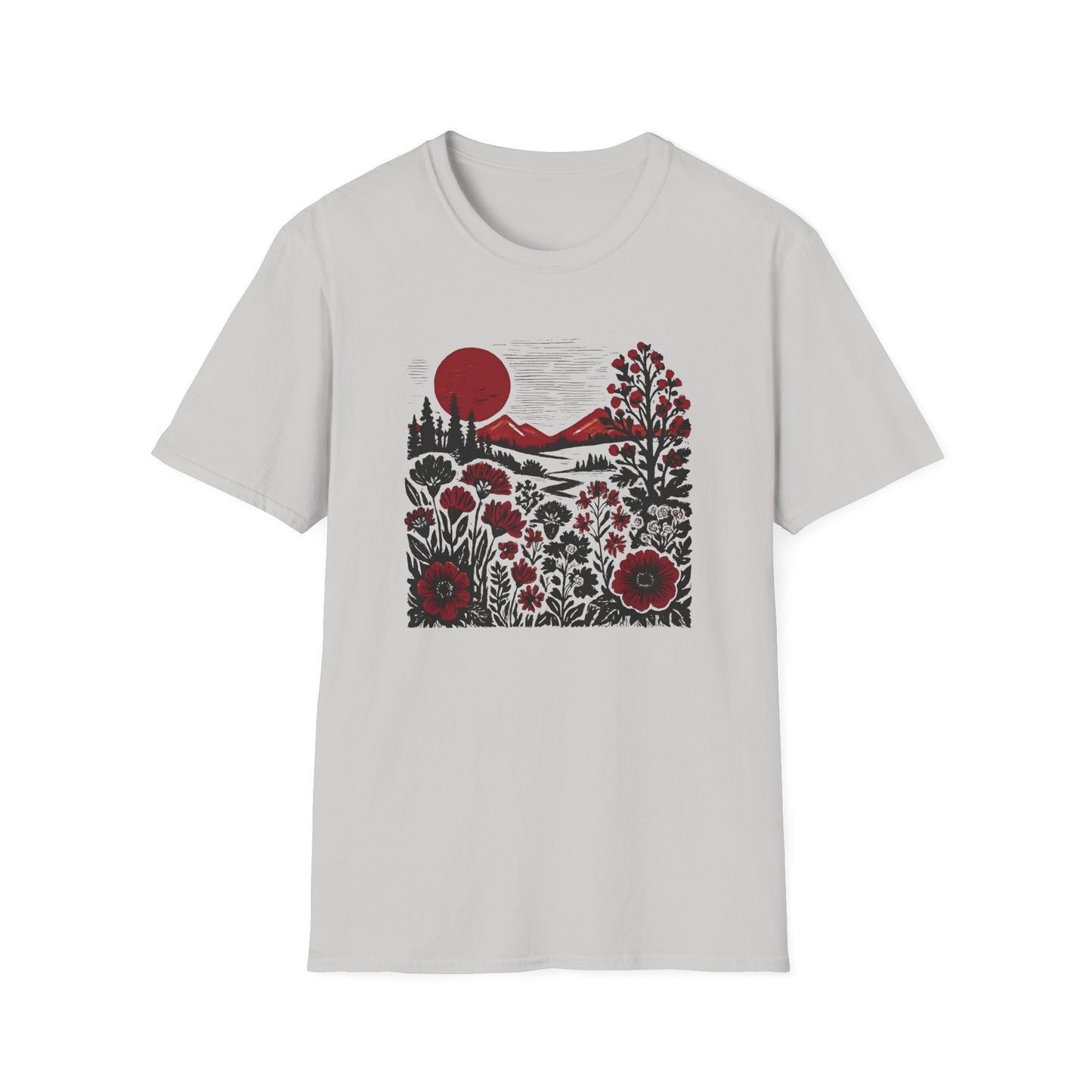 Maroon Sunset Floral Landscape T-shirt