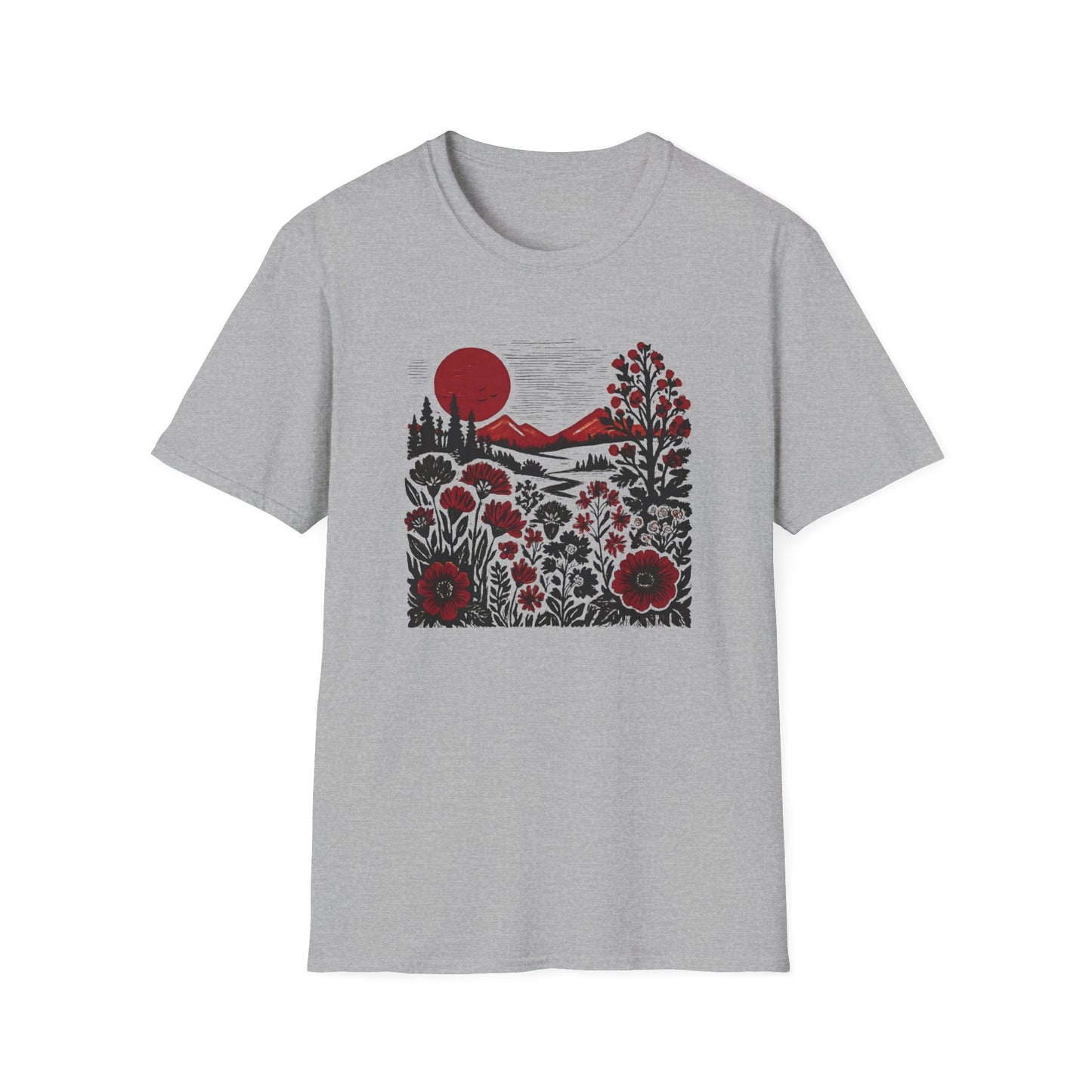 Maroon Sunset Floral Landscape T-shirt