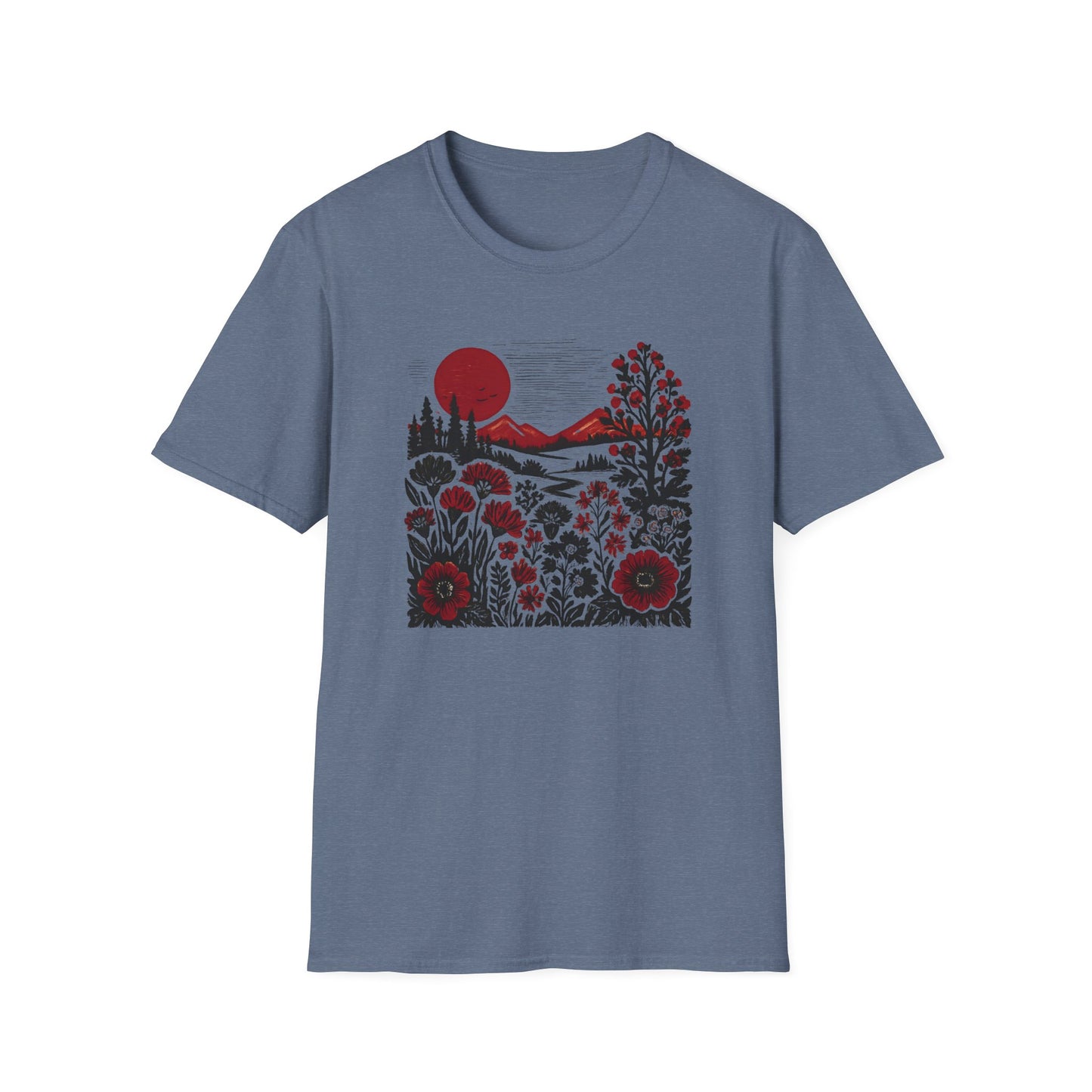 Maroon Sunset Floral Landscape T-shirt
