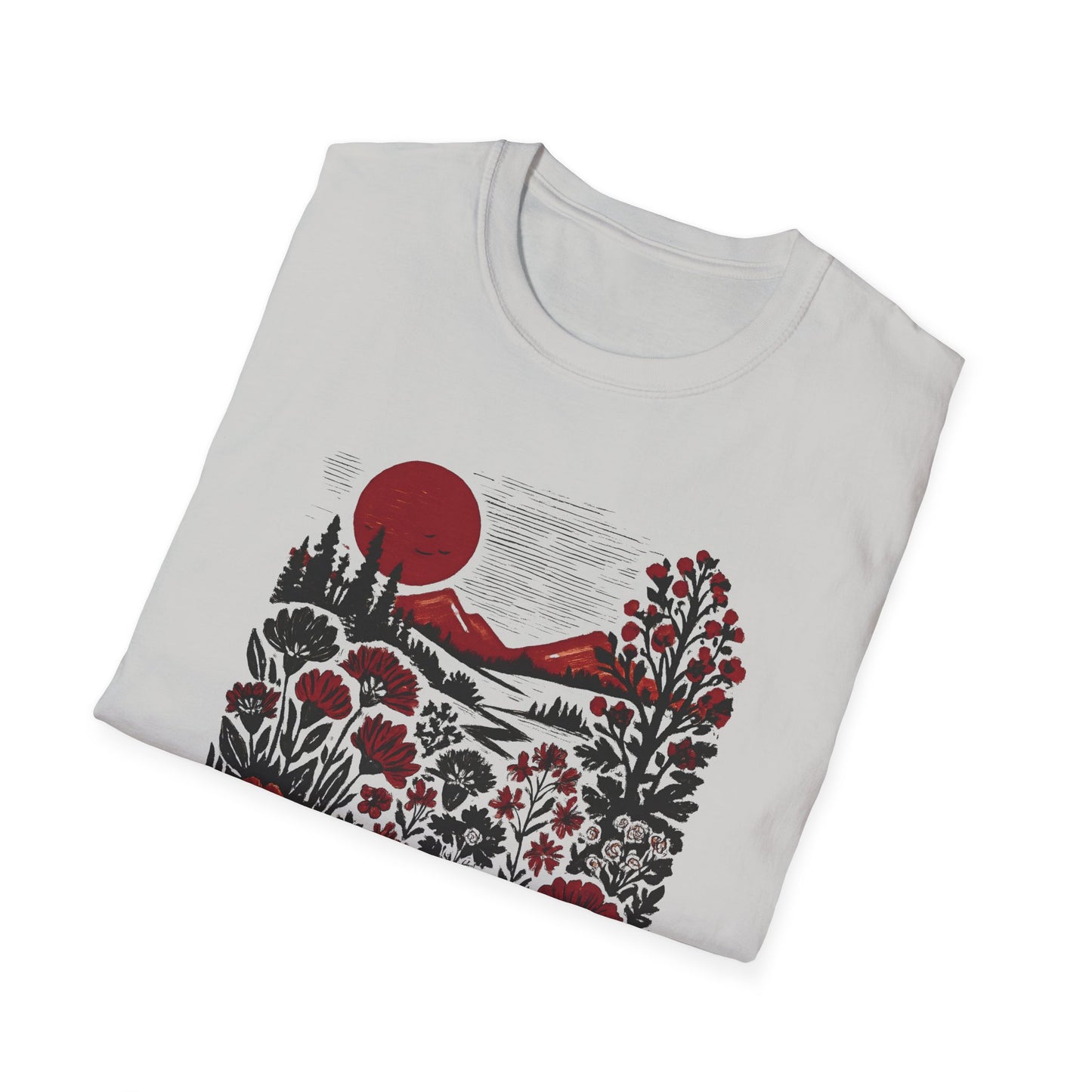 Maroon Sunset Floral Landscape T-shirt