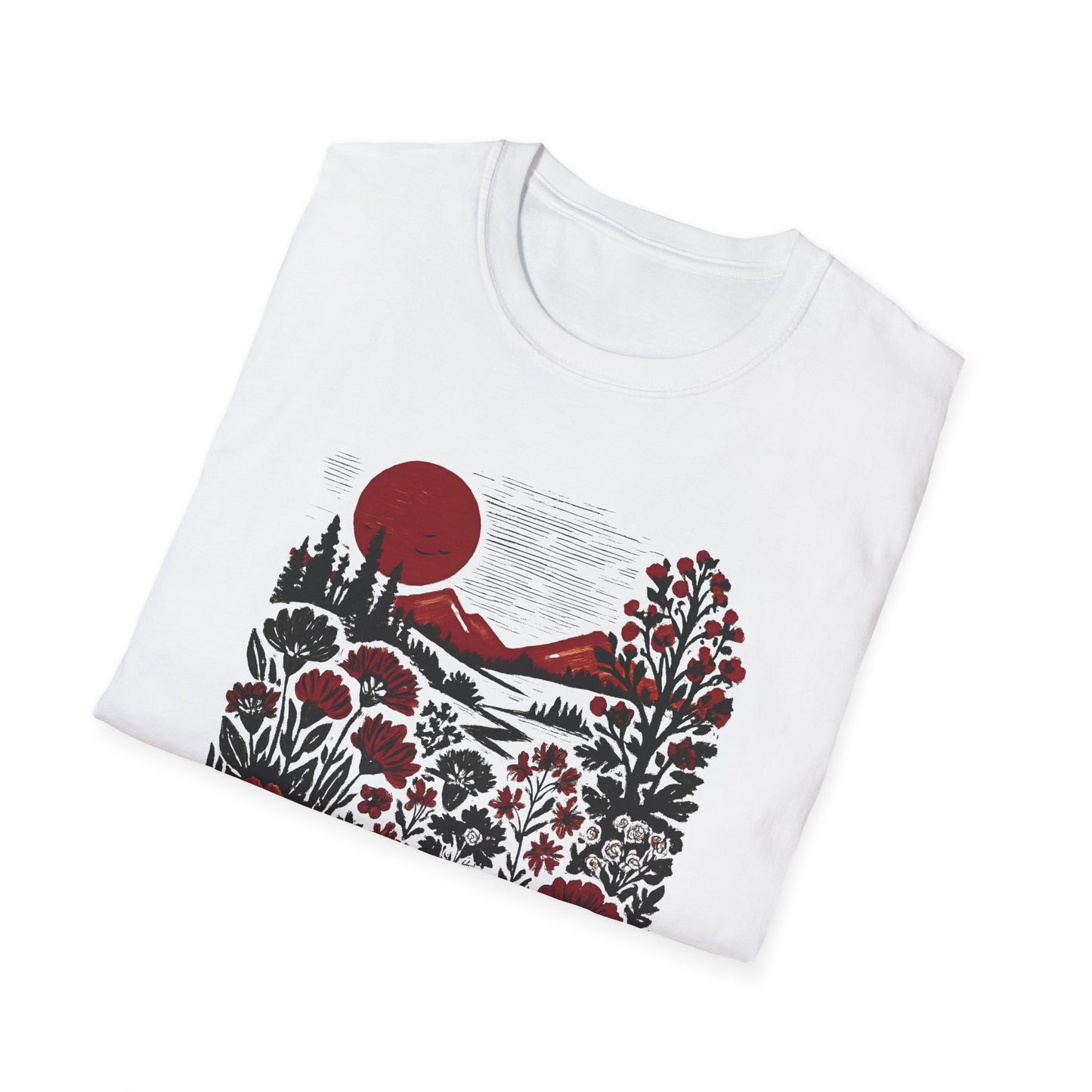Maroon Sunset Floral Landscape T-shirt