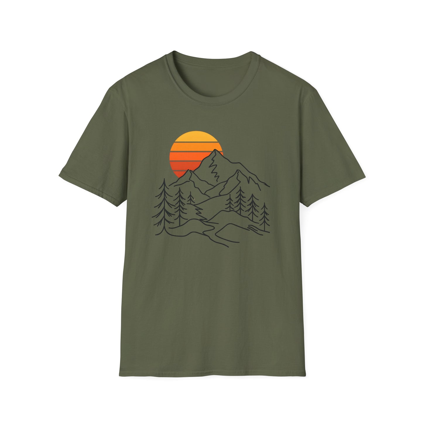 Retro Sunset Mountain Line Art T-shirt