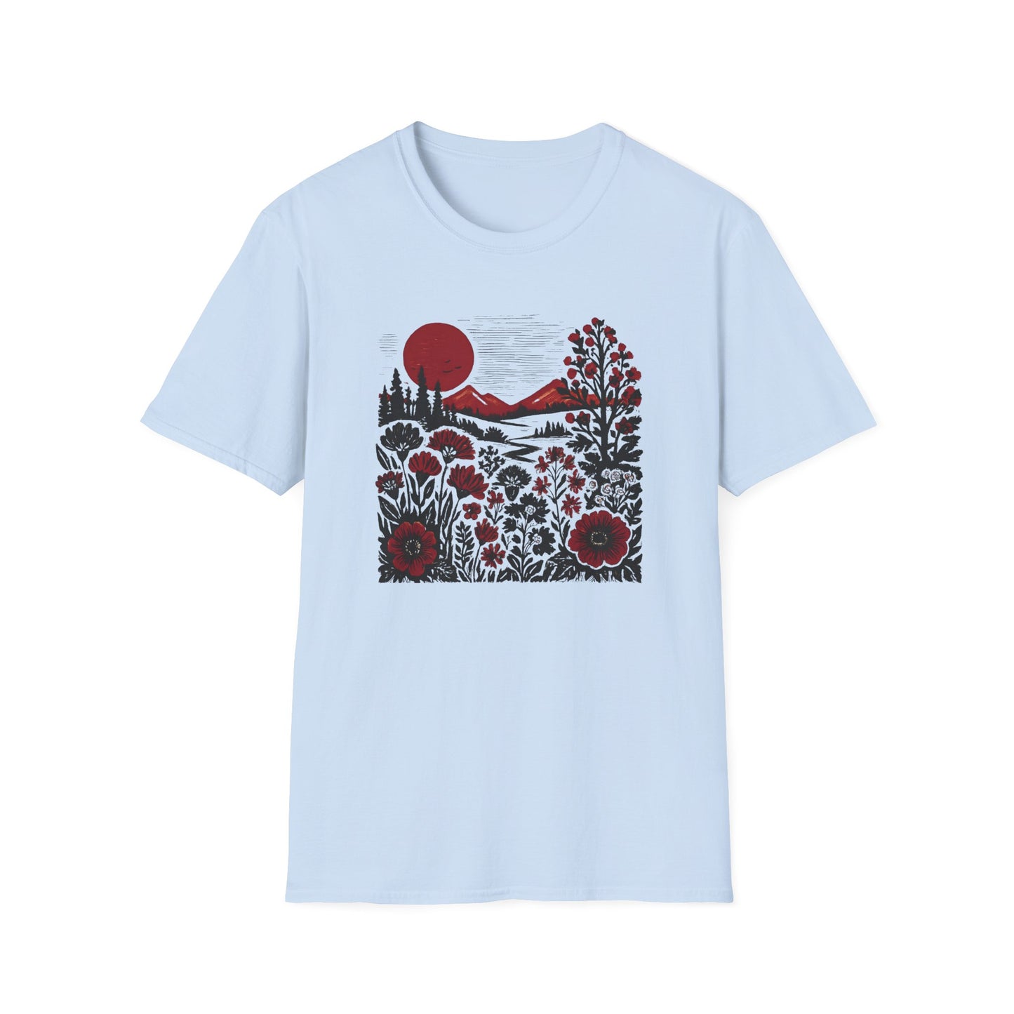 Maroon Sunset Floral Landscape T-shirt