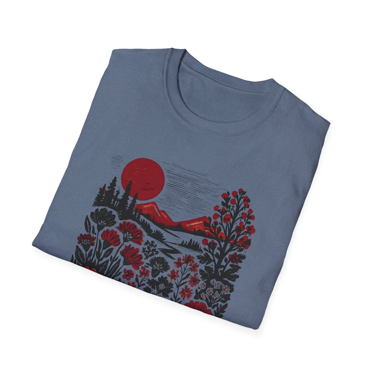 Maroon Sunset Floral Landscape T-shirt