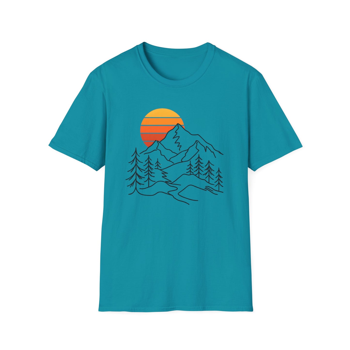 Retro Sunset Mountain Line Art T-shirt