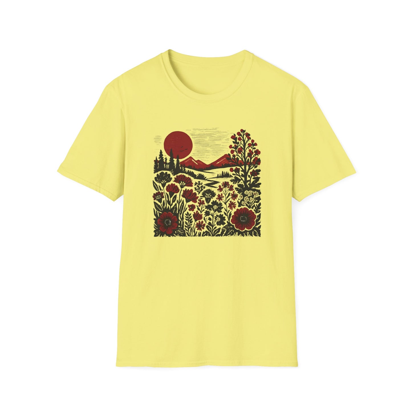 Maroon Sunset Floral Landscape T-shirt