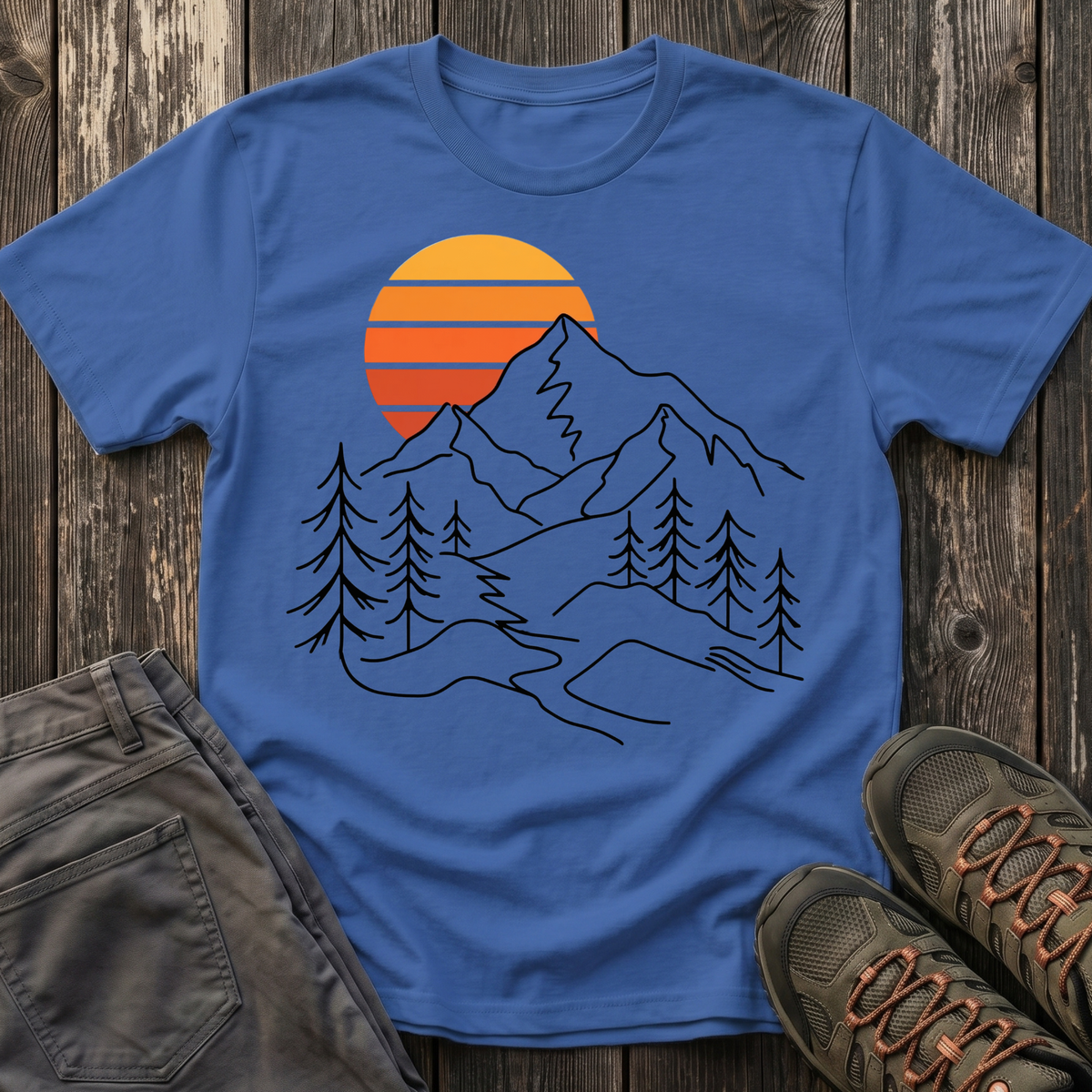 Retro Sunset Mountain Line Art T-shirt