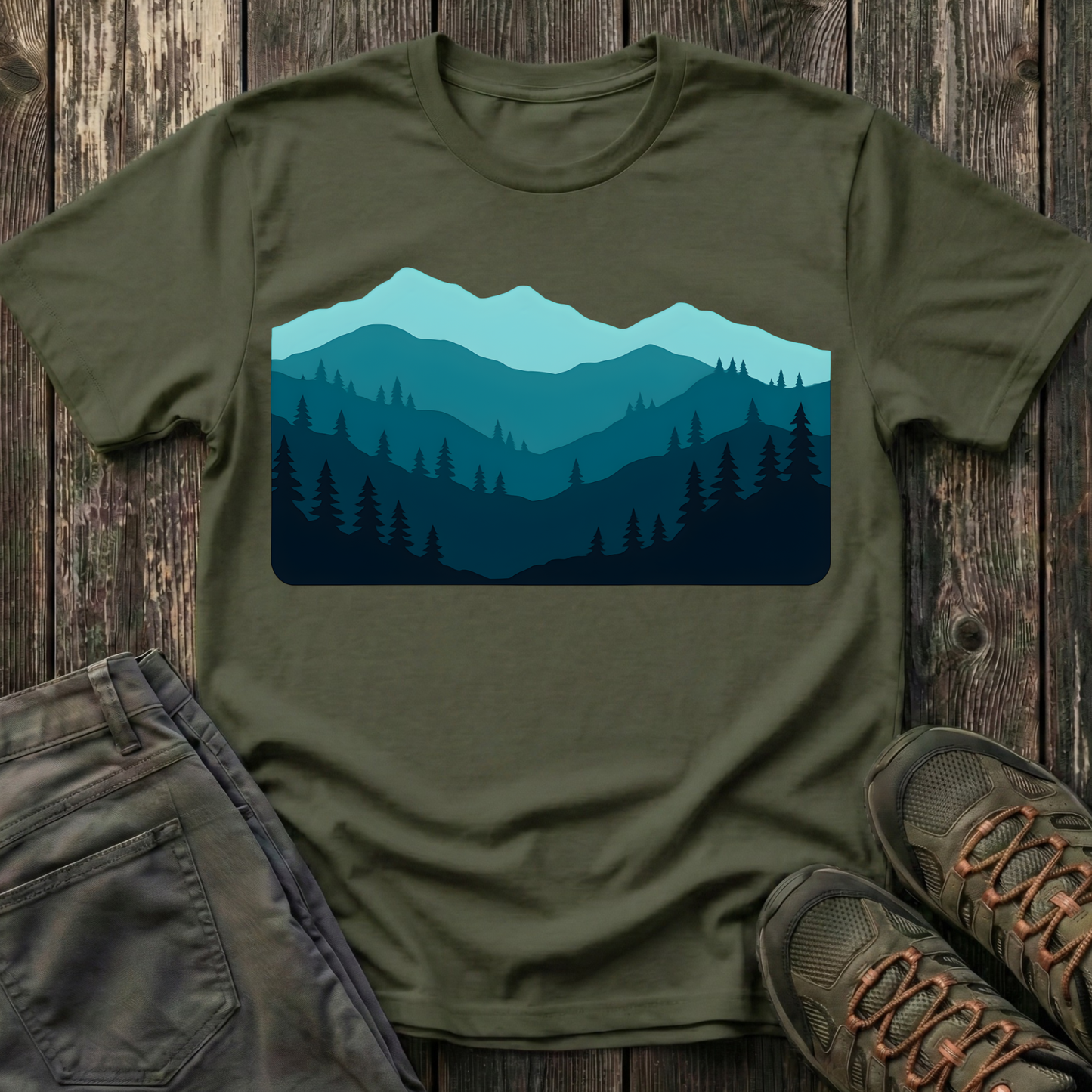 Layered Teal Mountain Landscape T-shirt