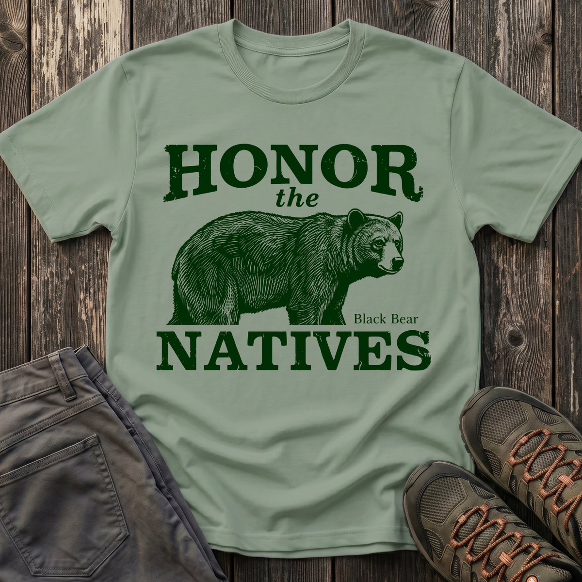 Honor The Natives Black Bear T-shirt Green