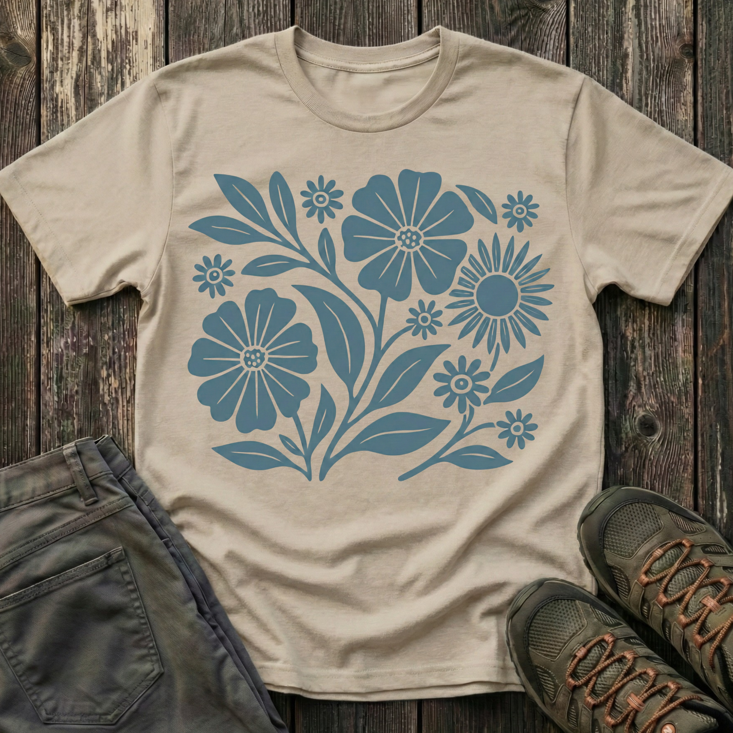 Flower Gathering Ink Print Moss T-shirt