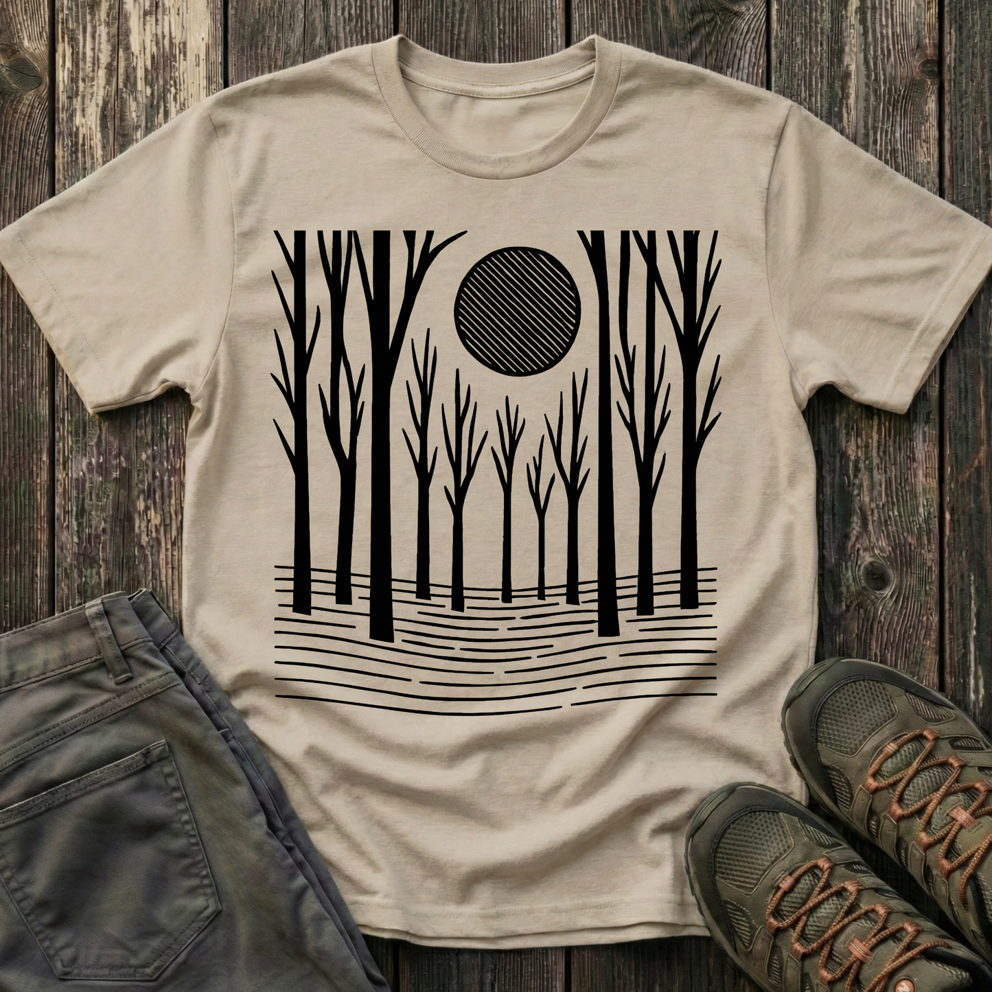 Striped Moon Over Winter Forest T-shirt