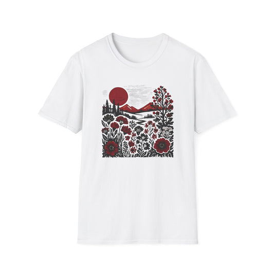 Maroon Sunset Floral Landscape T-shirt