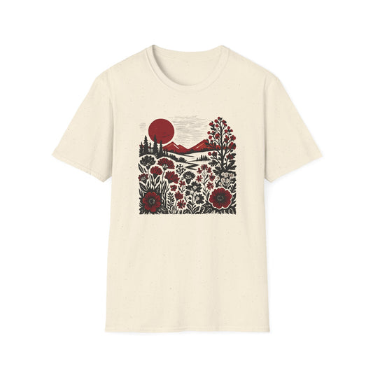 Maroon Sunset Floral Landscape T-shirt