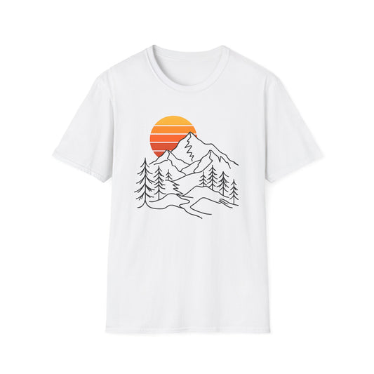 Retro Sunset Mountain Line Art T-shirt