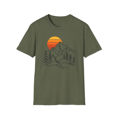 Retro Sunset Mountain Line Art T-shirt