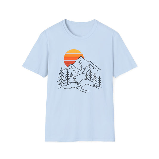 Retro Sunset Mountain Line Art T-shirt