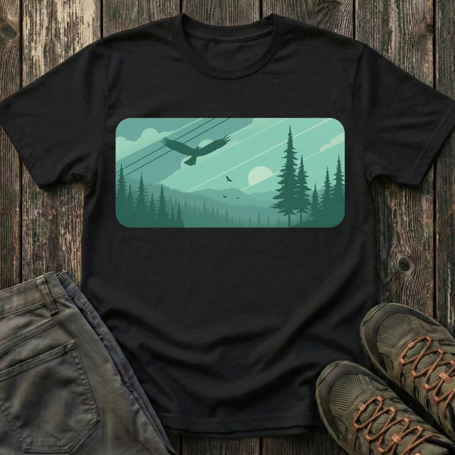 Soaring Eagle Over Green Pines T-shirt