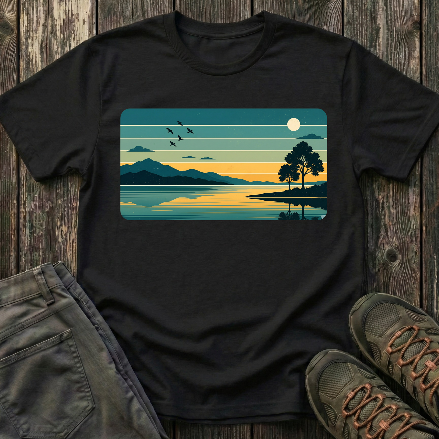 Retro Blue Sunset Over Lake T-shirt