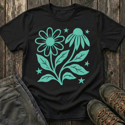 Flowers And Stars Ink Print T-shirt