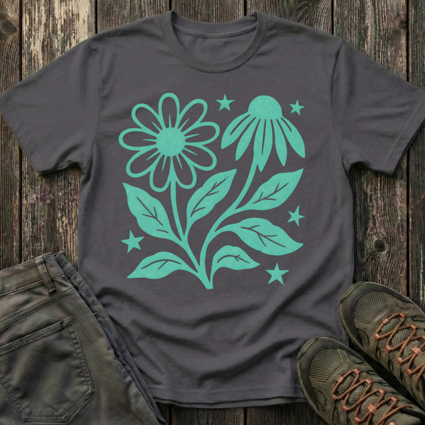 Flowers And Stars Ink Print T-shirt