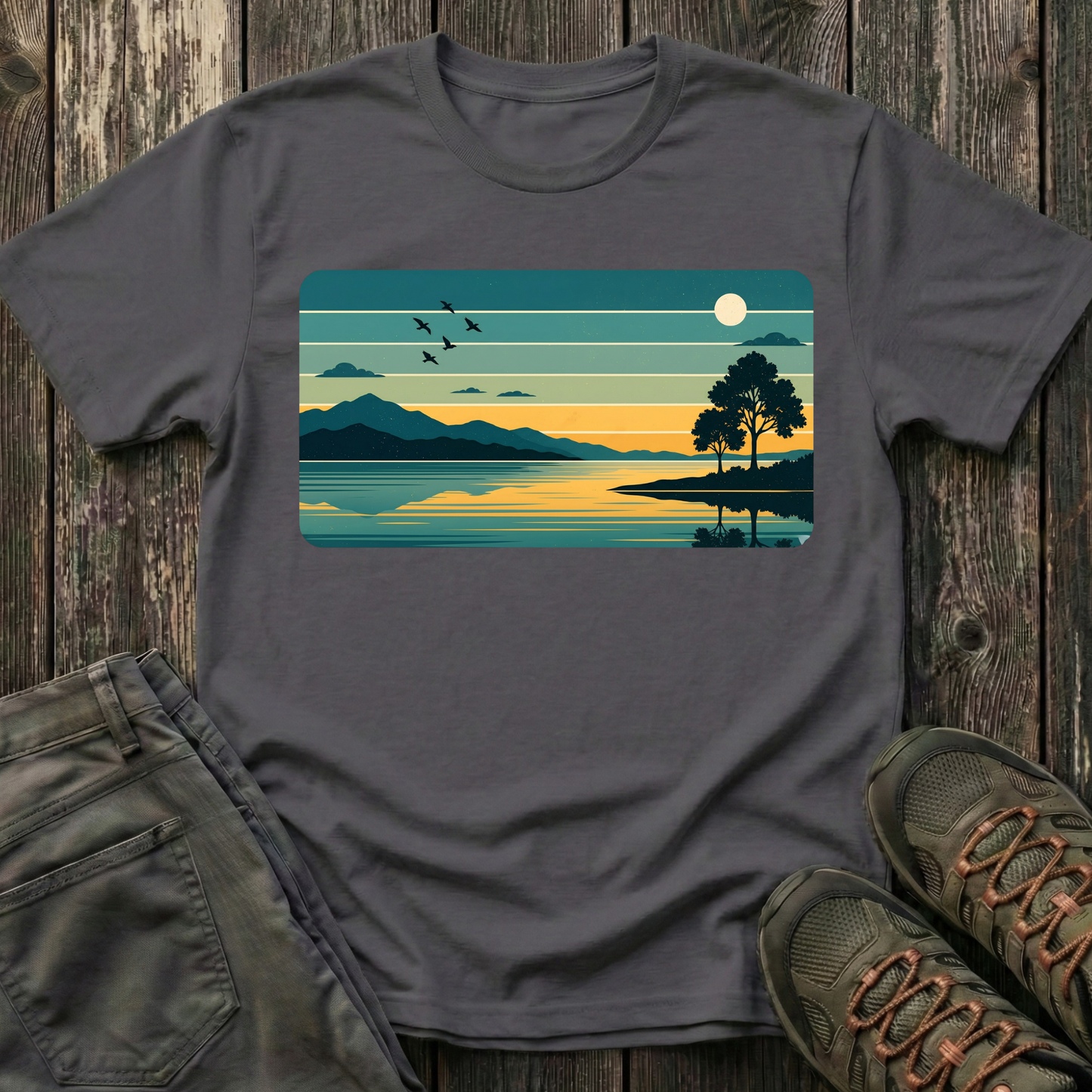 Retro Blue Sunset Over Lake T-shirt