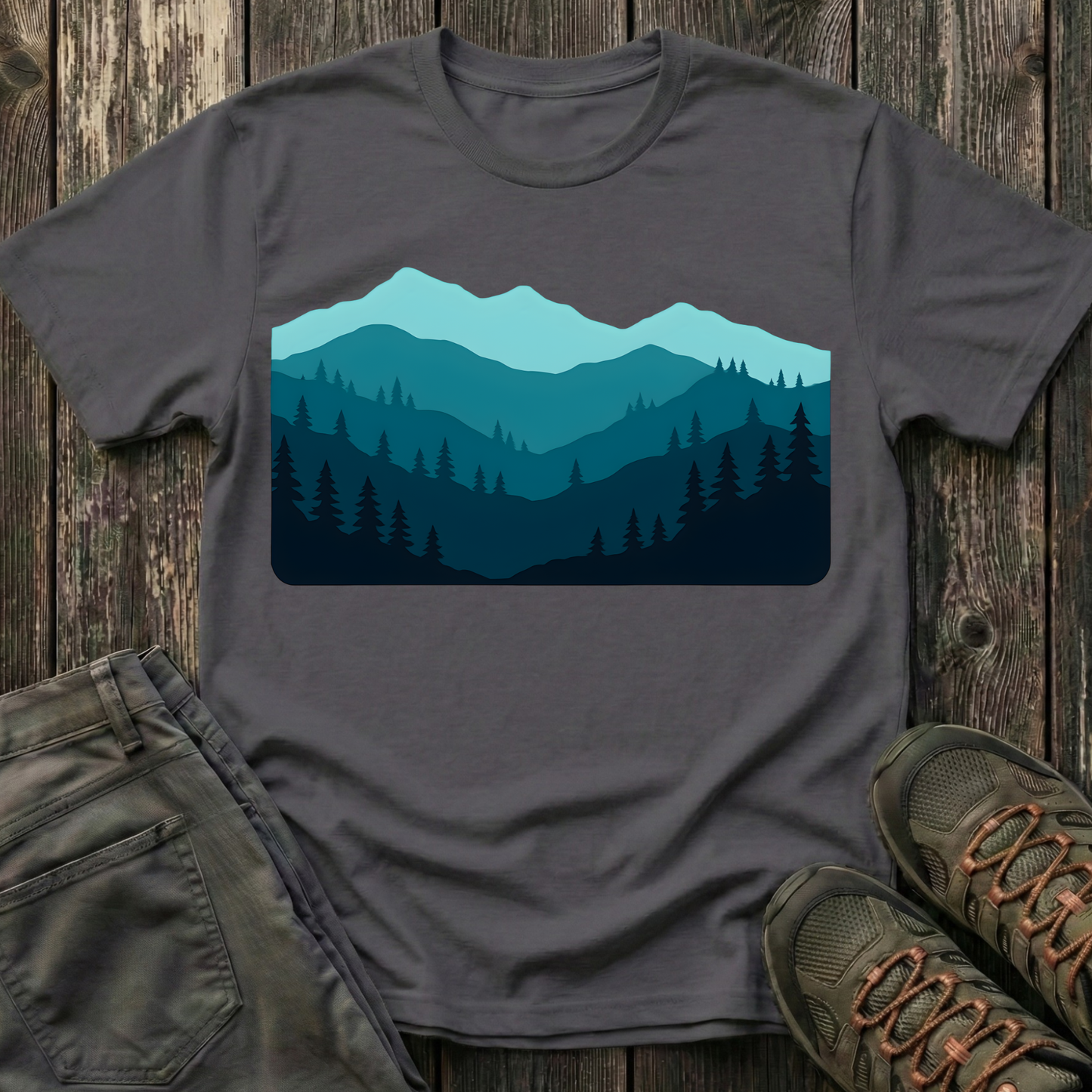 Layered Teal Mountain Landscape T-shirt