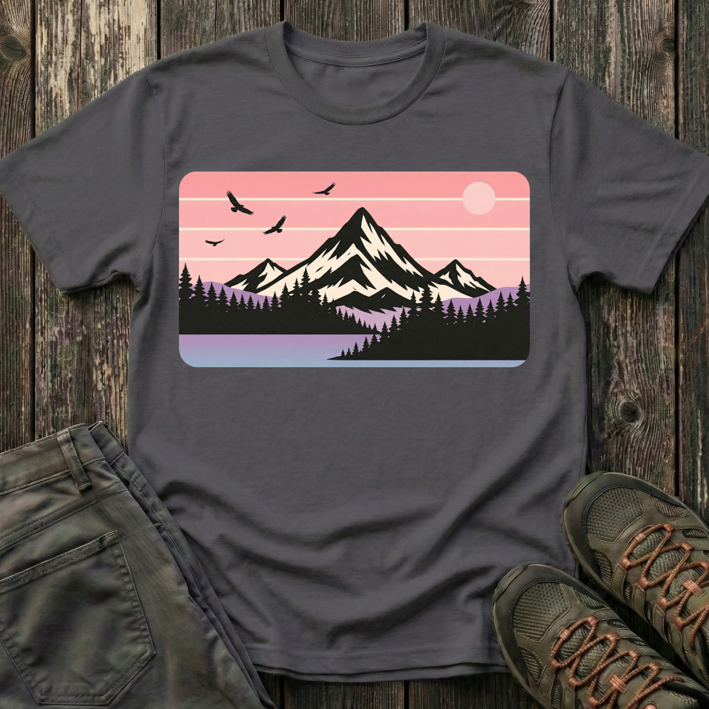Retro Pink Mountain Peak Sunset T-shirt