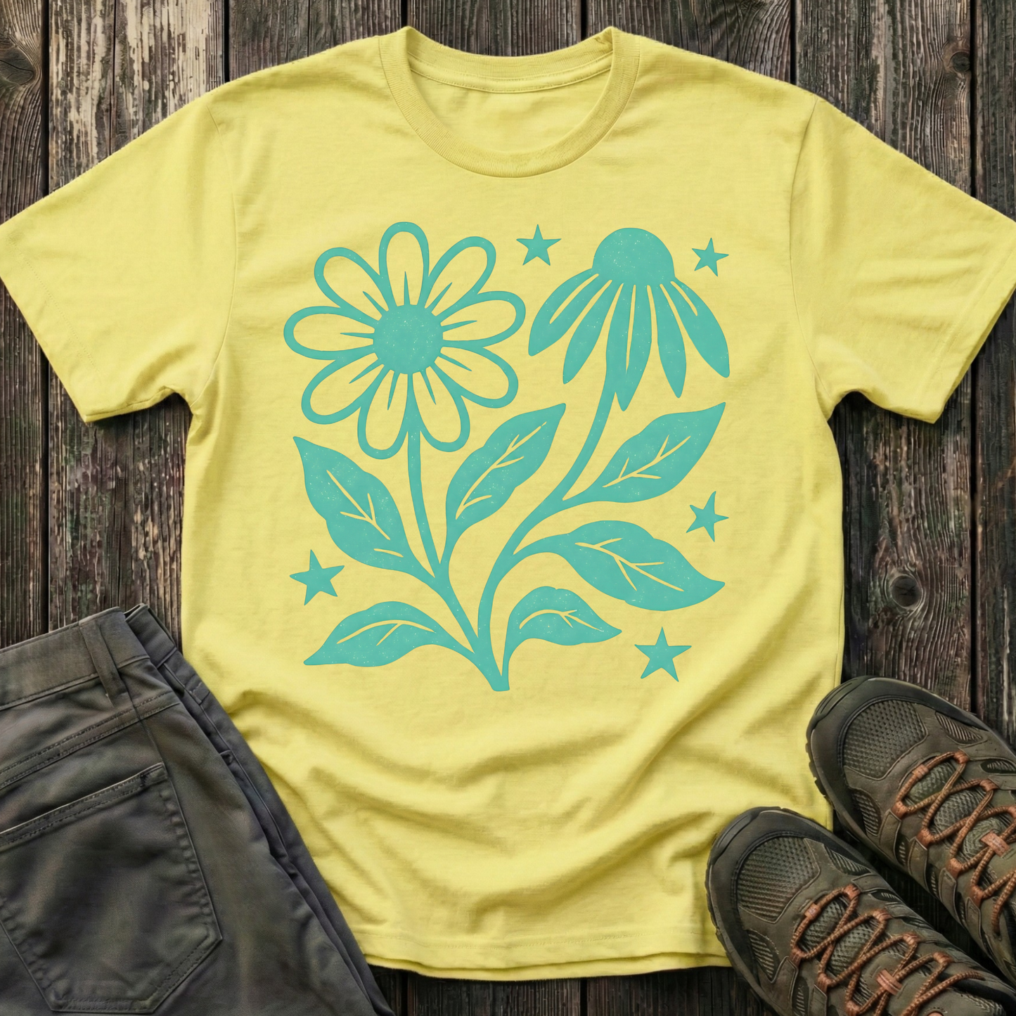 Flowers And Stars Ink Print T-shirt