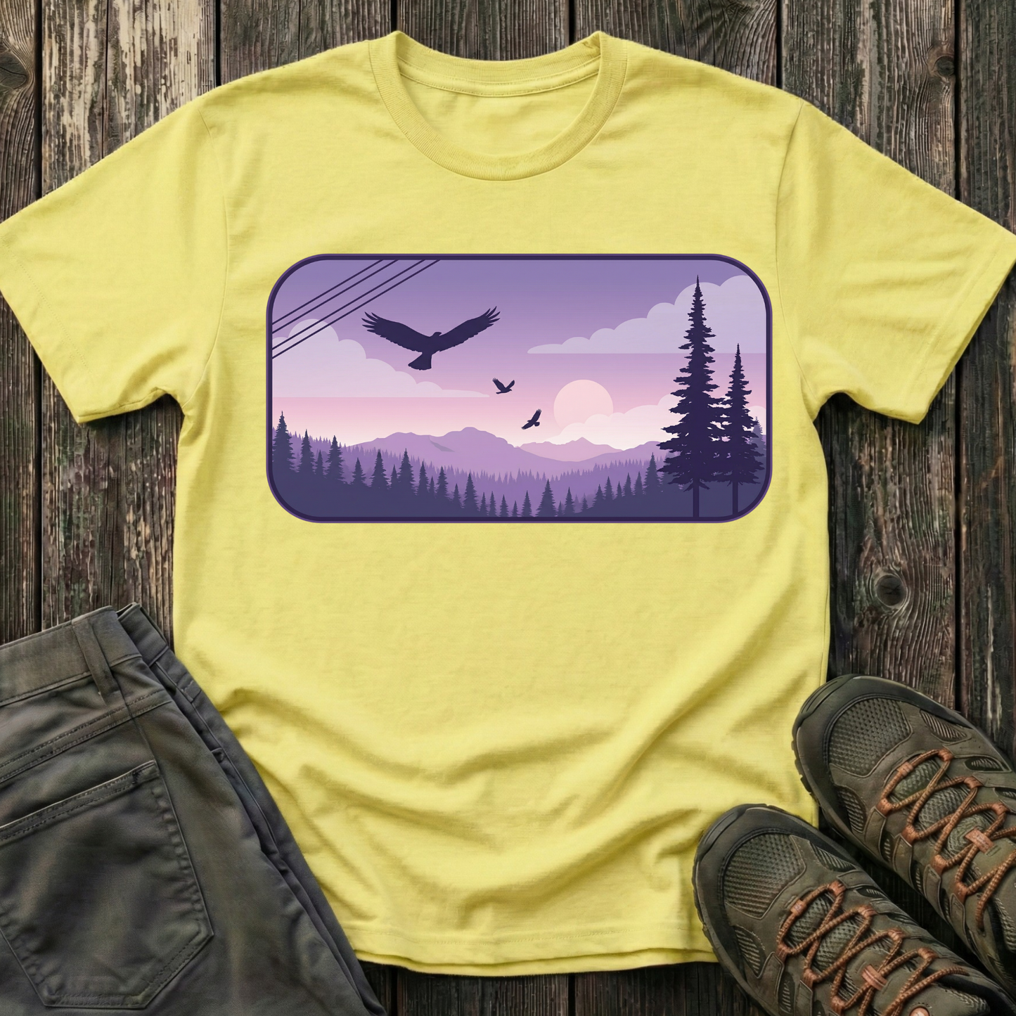 Soaring Eagle Over Purple Pines T-shirt