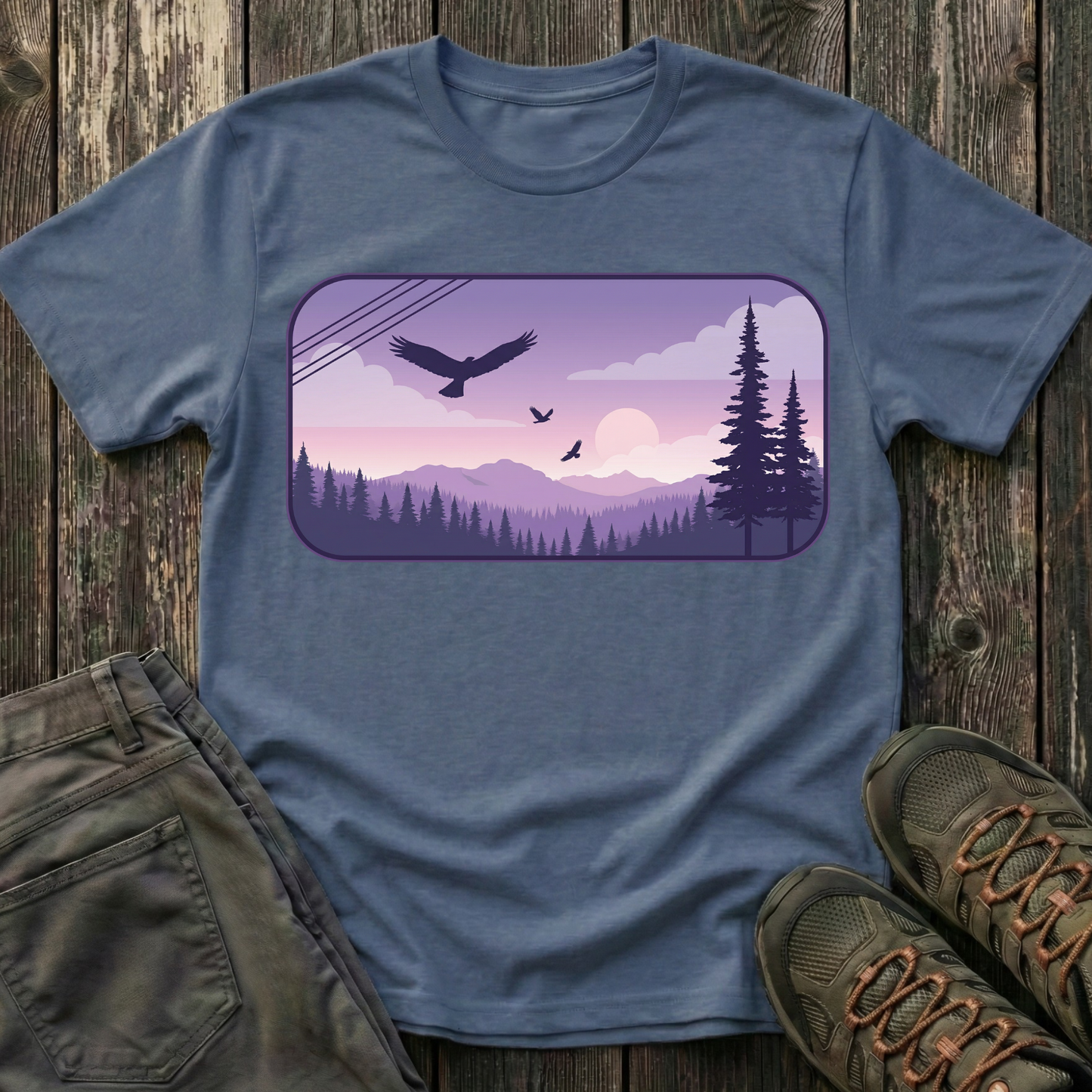 Soaring Eagle Over Purple Pines T-shirt