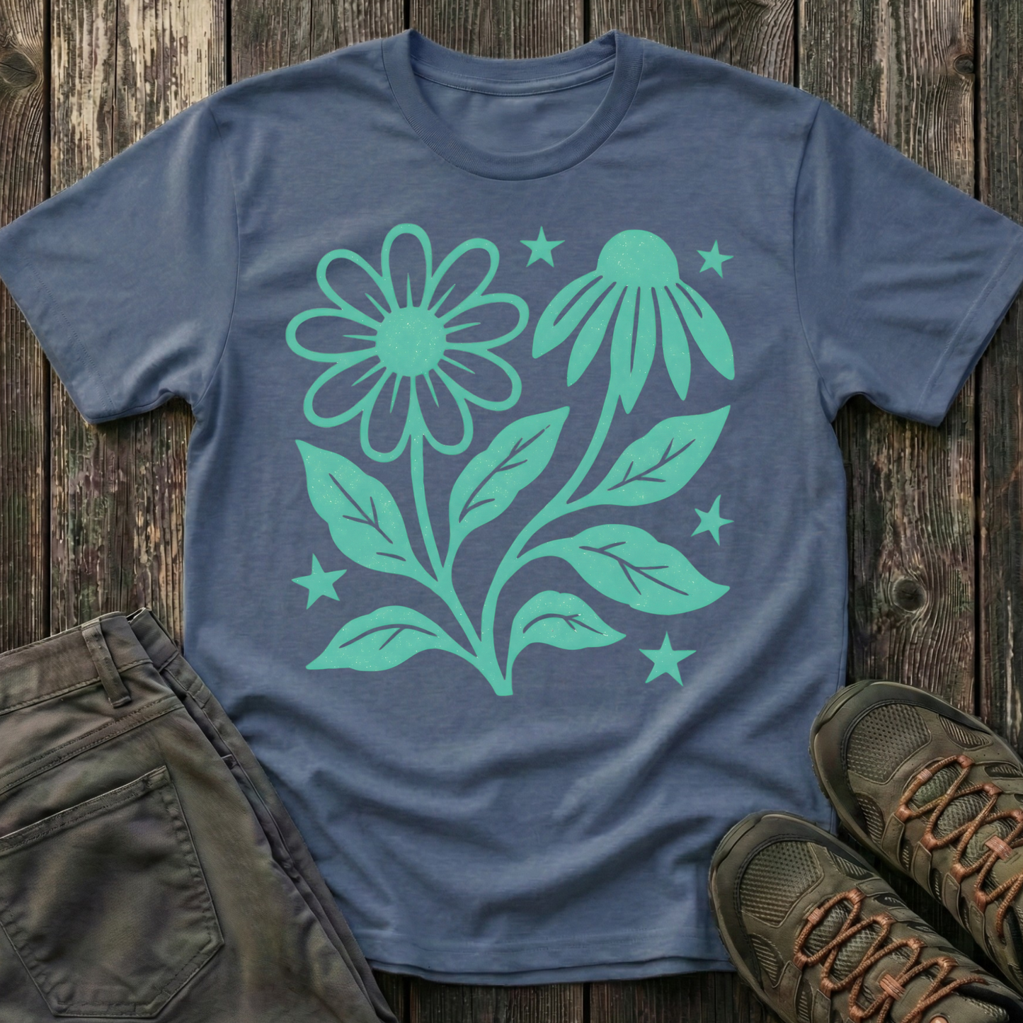 Flowers And Stars Ink Print T-shirt