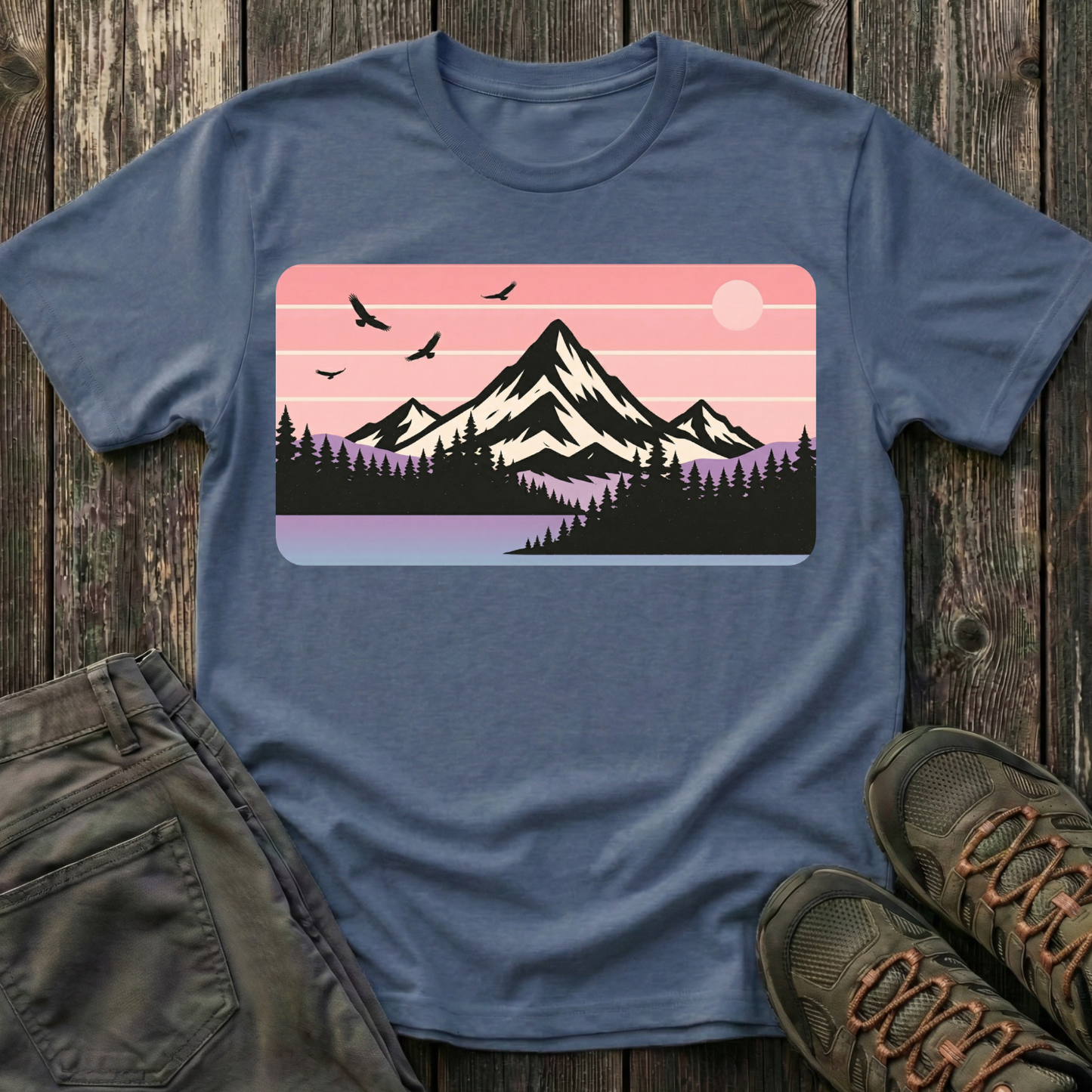 Retro Pink Mountain Peak Sunset T-shirt