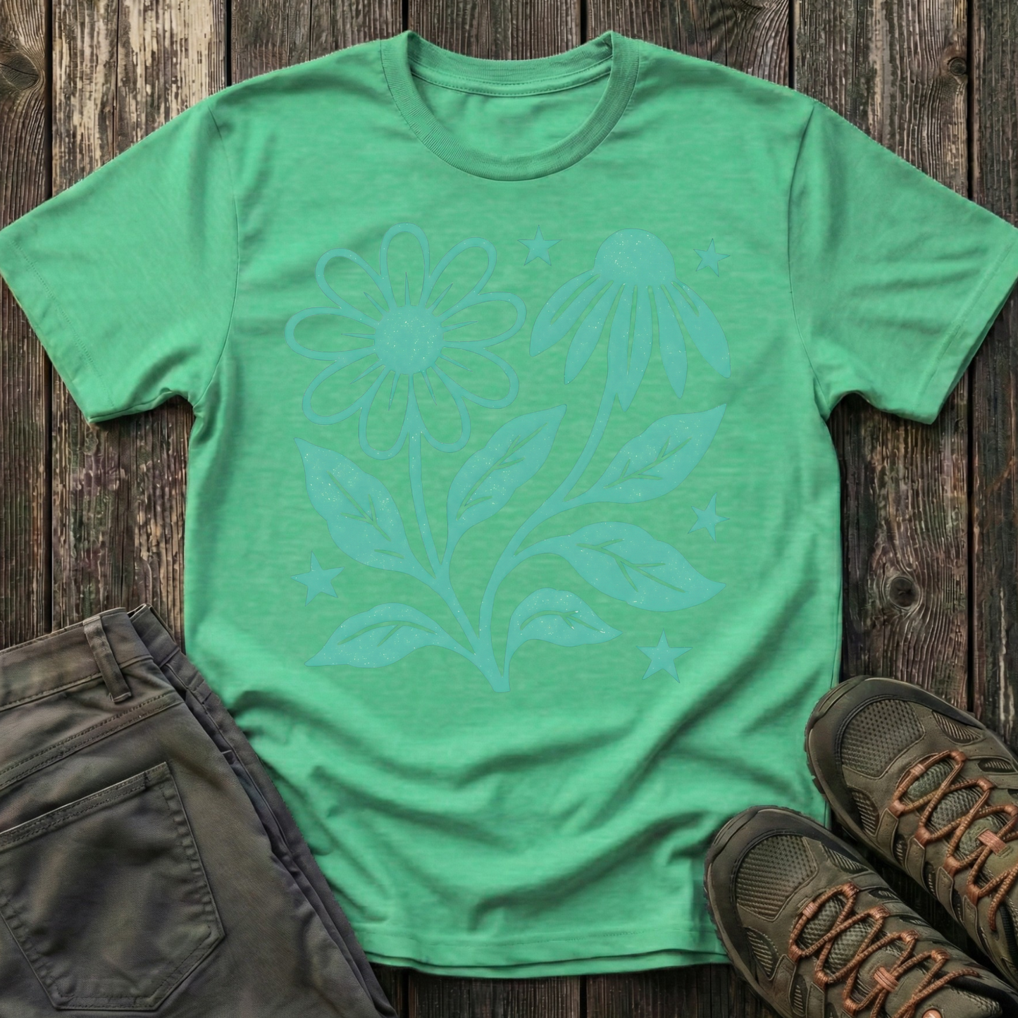 Flowers And Stars Ink Print T-shirt