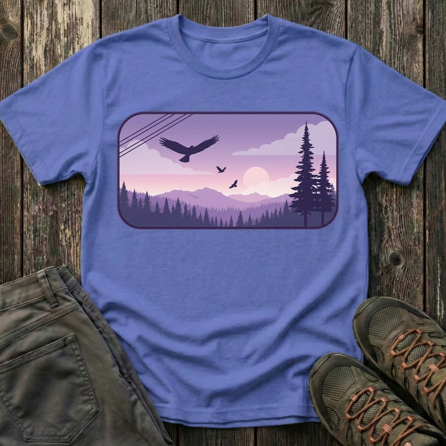 Soaring Eagle Over Purple Pines T-shirt
