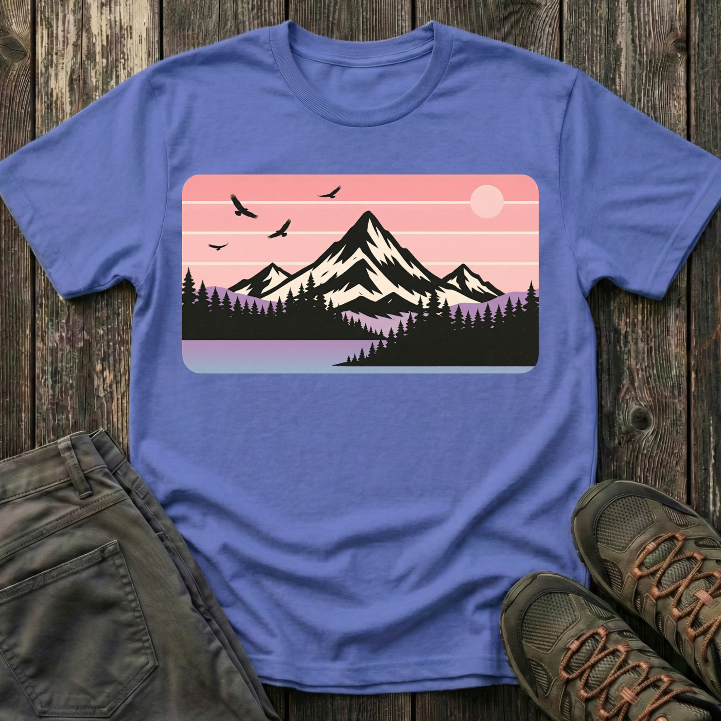 Retro Pink Mountain Peak Sunset T-shirt