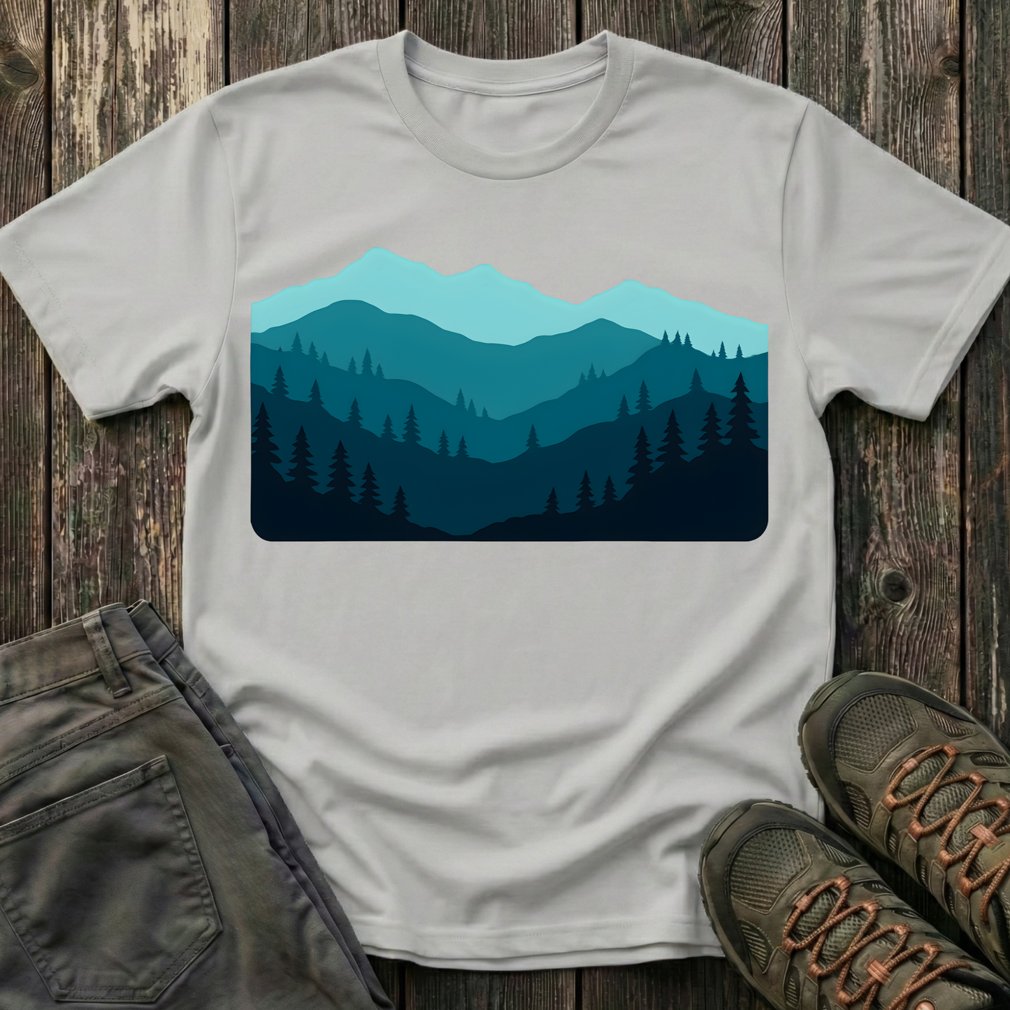Layered Teal Mountain Landscape T-shirt