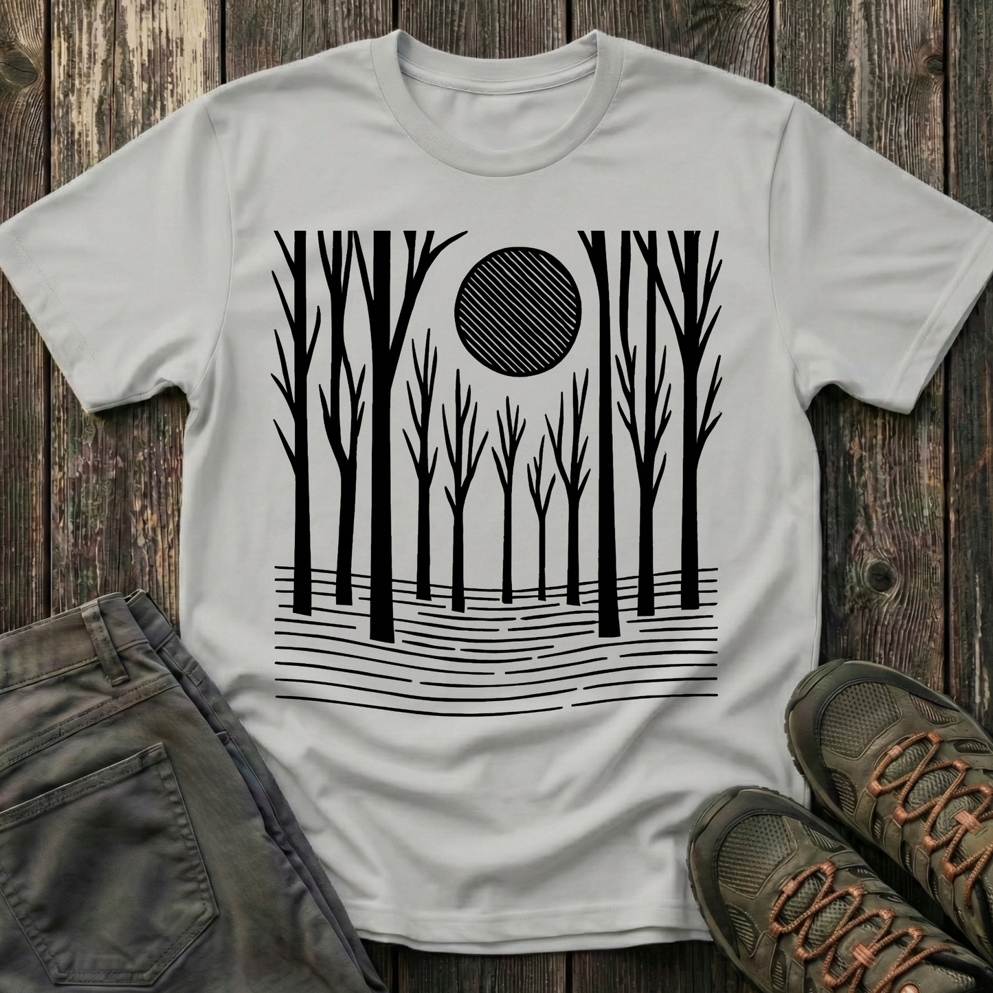 Striped Moon Over Winter Forest T-shirt