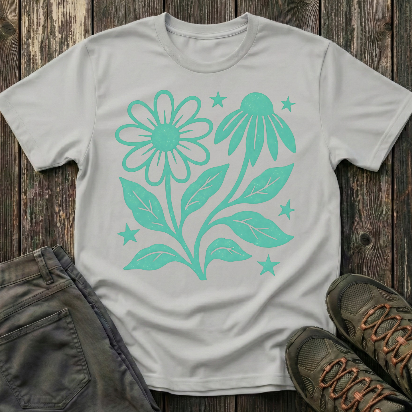 Flowers And Stars Ink Print T-shirt