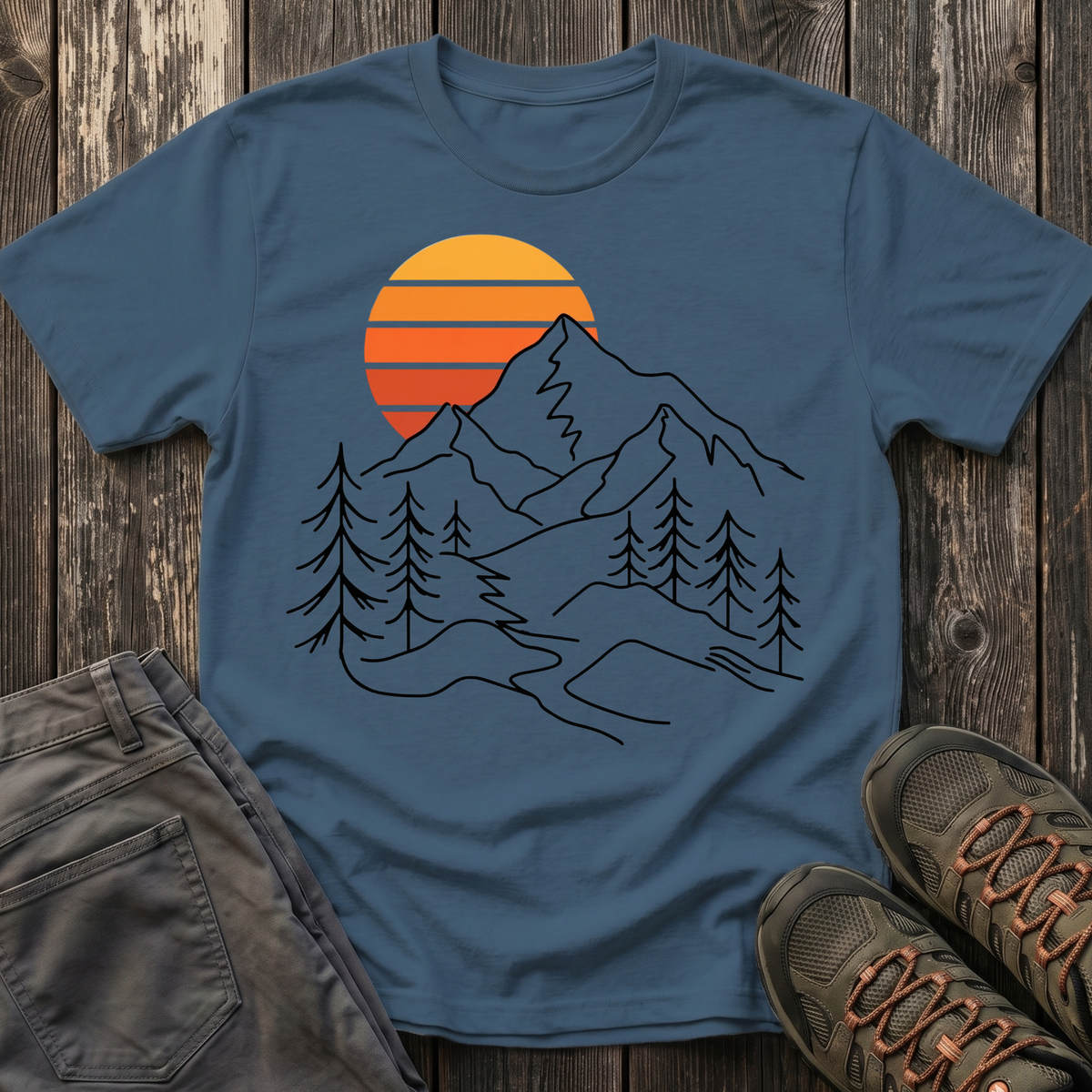 Retro Sunset Mountain Line Art T-shirt