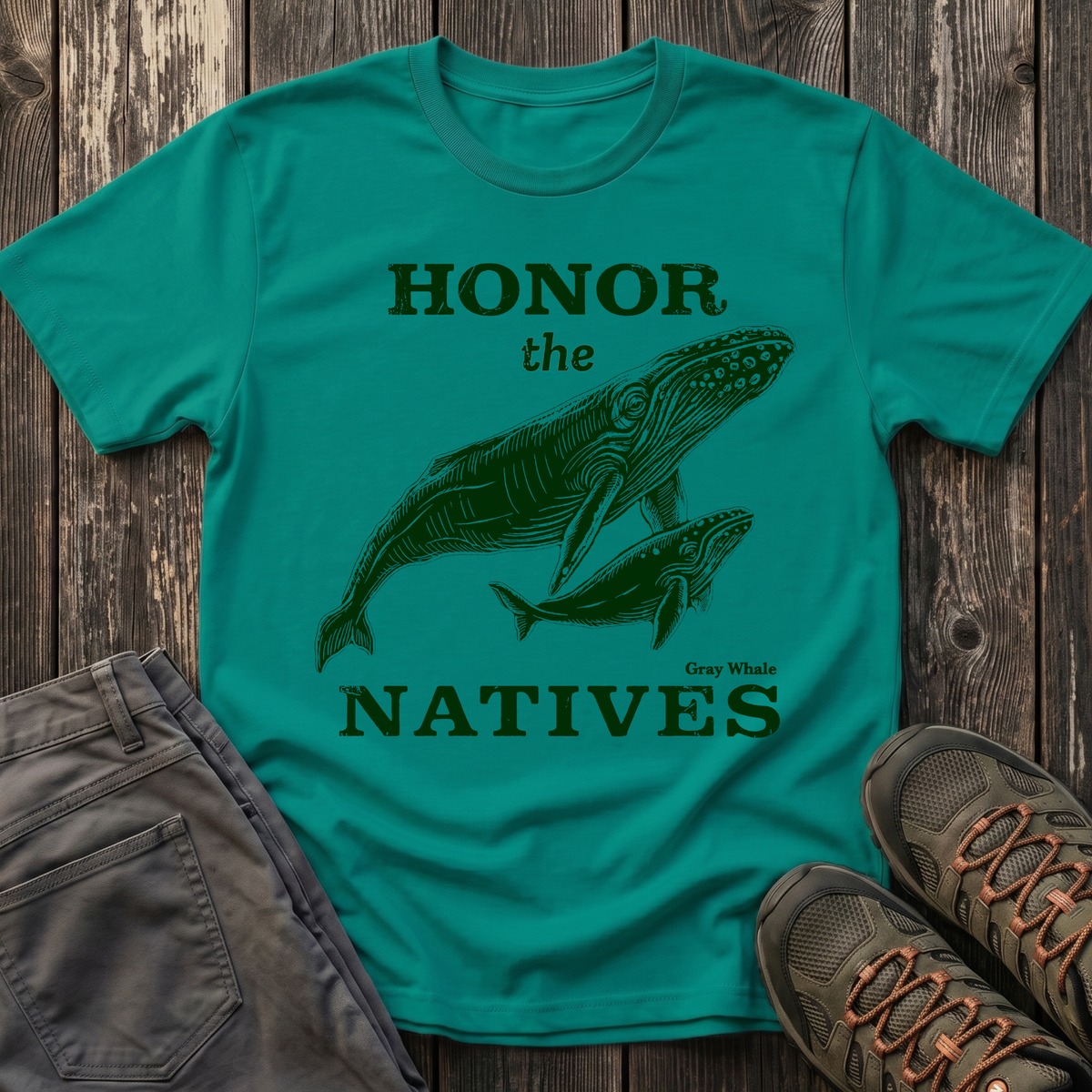 Honor The Natives Gray Whale T-shirt Green