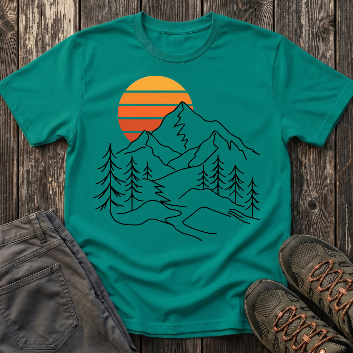 Retro Sunset Mountain Line Art T-shirt