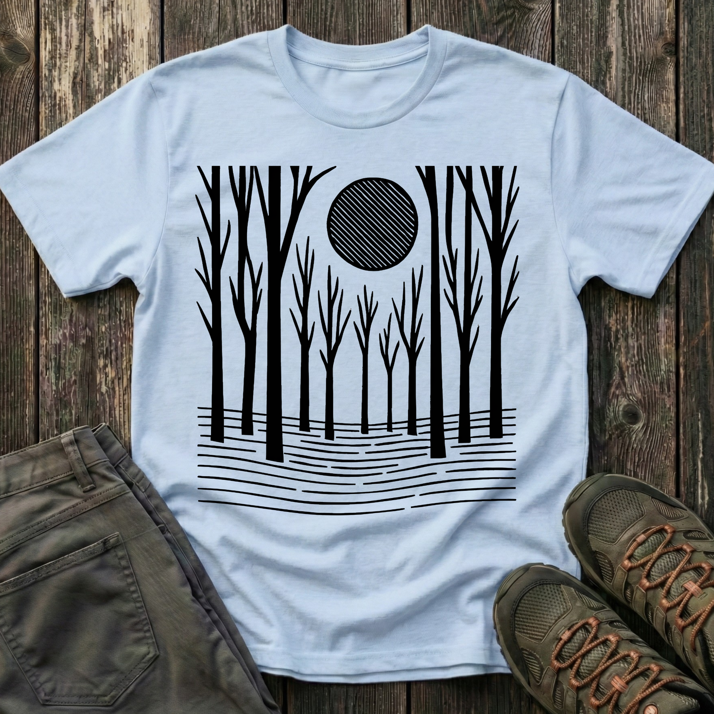 Striped Moon Over Winter Forest T-shirt