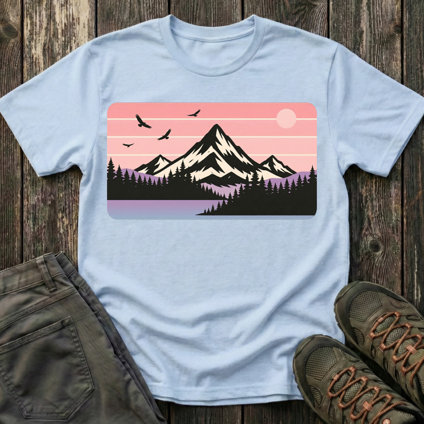 Retro Pink Mountain Peak Sunset T-shirt